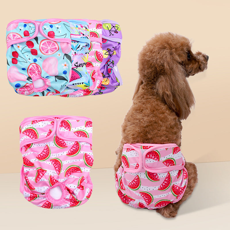 Braguita para el celo con estampado de frutas para perrita (foto del fabricante)