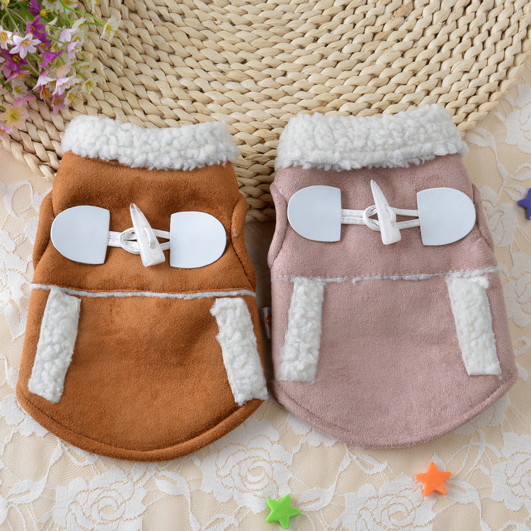 Abrigo efecto ante con borreguito para perro pequeño, marrón y rosa (foto del fabricante)
