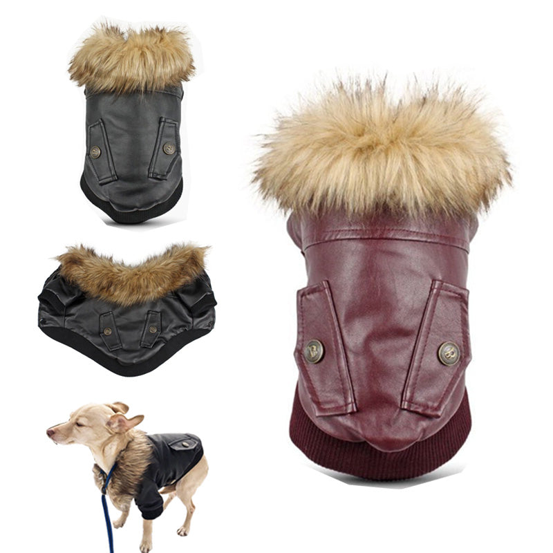 Chaqueta efecto piel con cuello de pelito para perro pequeño (foto del fabricante)