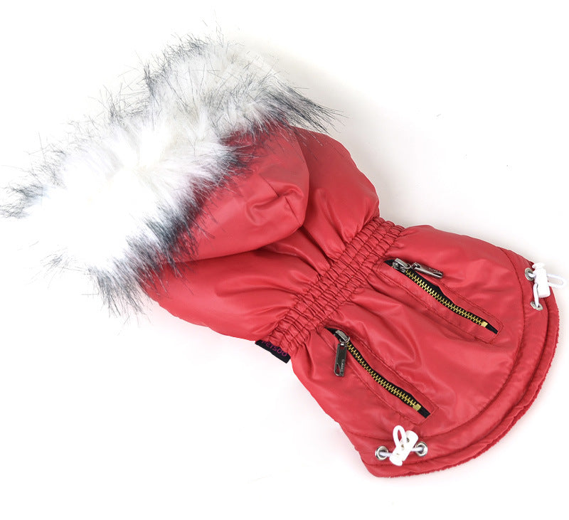 Plumífero brillante con capucha de pelito para perro pequeño, color rojo (foto del fabricante)