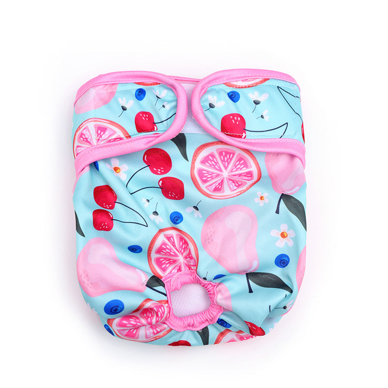 Braguita para el celo con estampado de frutas para perrita (foto del fabricante)