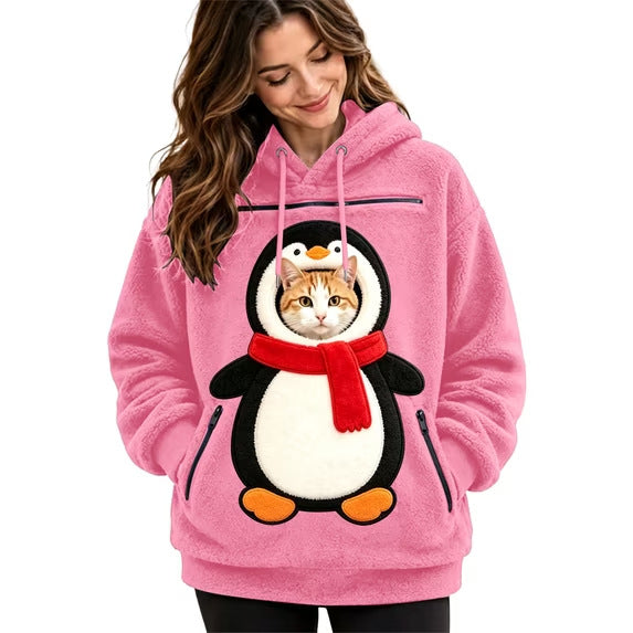 Sudadera navideña pingüino rosa con gatito en el bolsillo