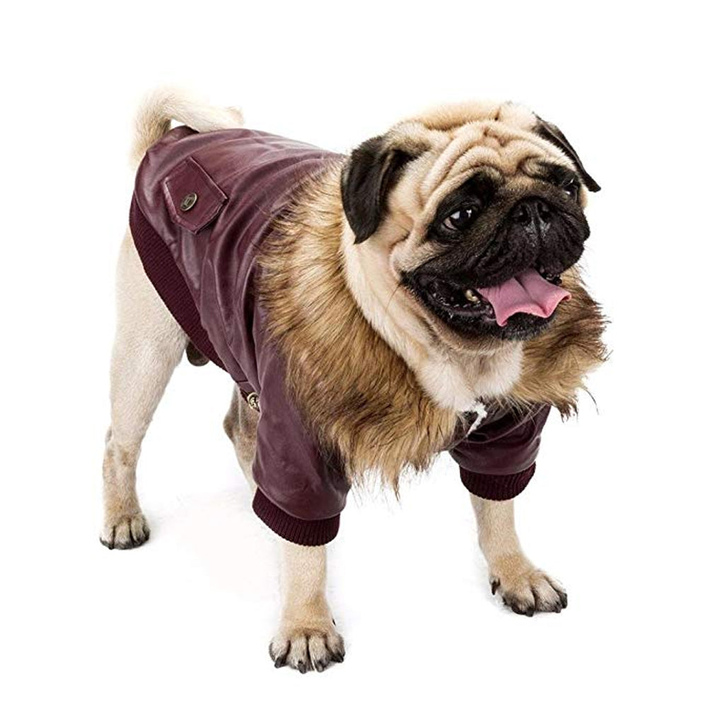 Chaqueta efecto piel con cuello de pelito para perro pequeño, color burdeos (foto del fabricante)