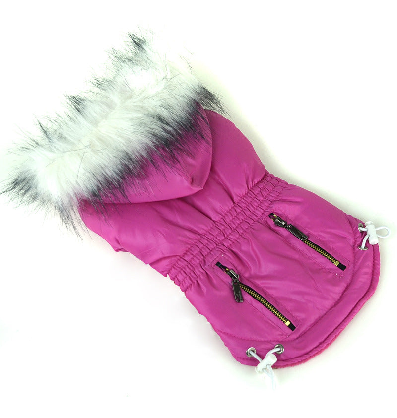 Plumífero brillante con capucha de pelito para perro pequeño, color fucsia (foto del fabricante)