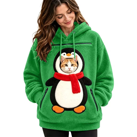 Sudadera navideña pingüino verde con gatito en el bolsillo