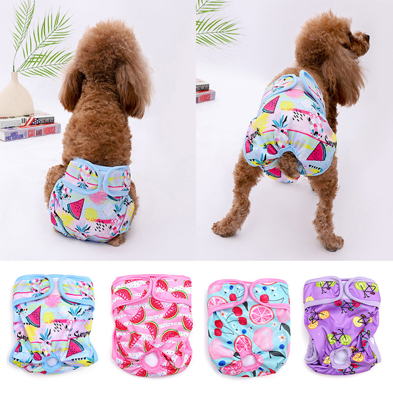 Braguita para el celo con estampado de frutas para perrita (foto del fabricante)