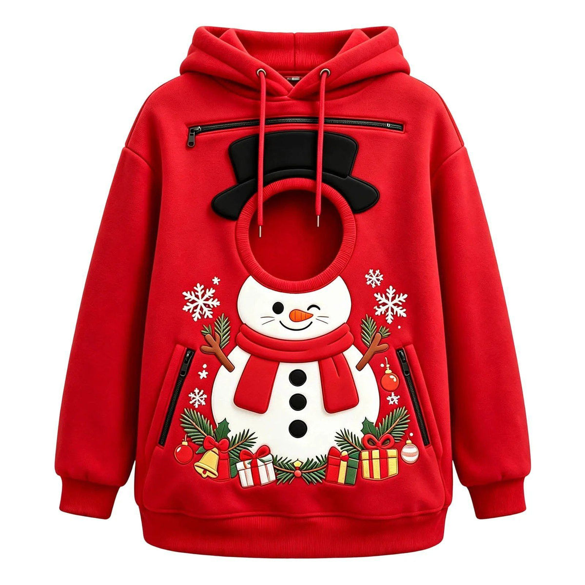 Sudadera navideña muñeco de nieve rojo con bolsillo para mascota