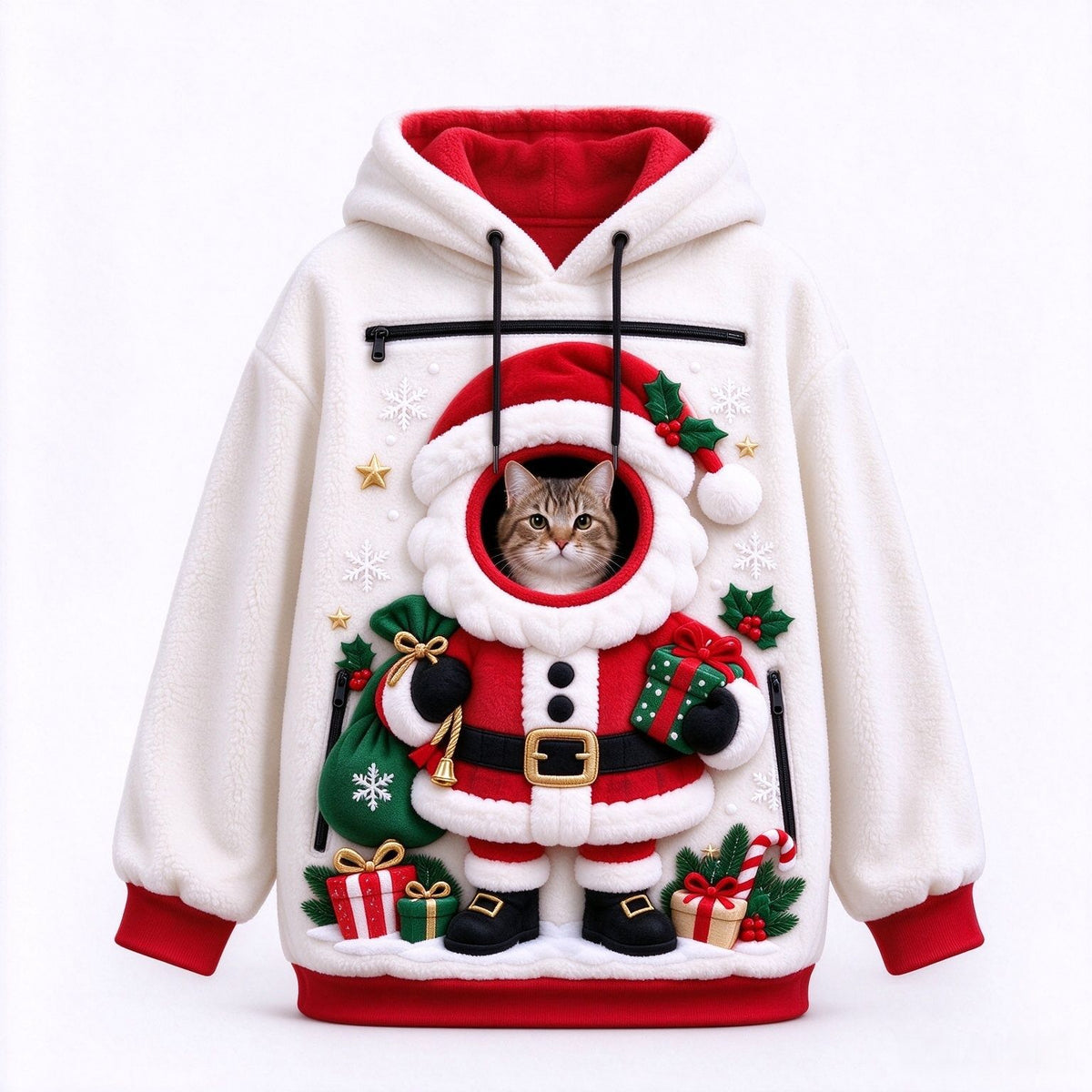 Sudadera navideña Papá Noel blanco con gatito asomando por el bolsillo