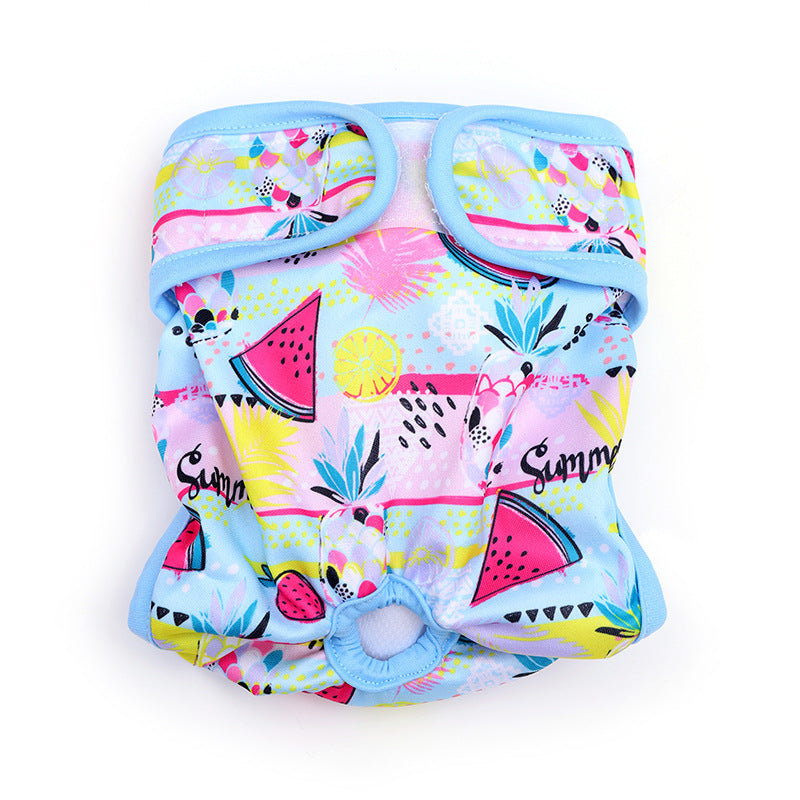 Braguita para el celo con estampado de frutas para perrita (foto del fabricante)