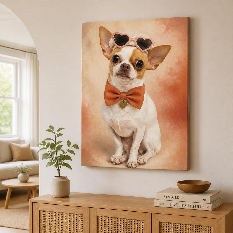 Ejemplo: retrato ilustrado de Paris, nuestra chihuahua, en lienzo colgado en un salón