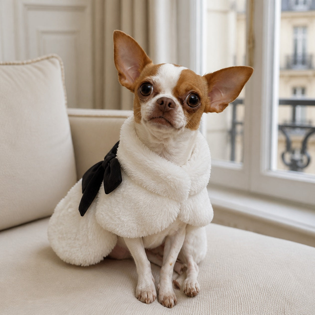 Paris con el abrigo de pelito blanco con lazo negro (imagen creada con IA)