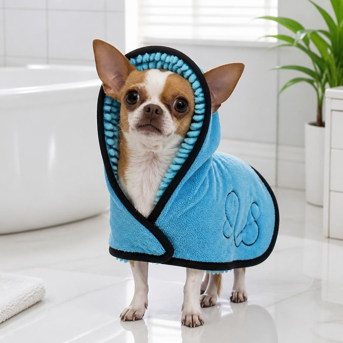 Paris, chihuahua, con el albornoz de microfibra (imagen creada con IA)