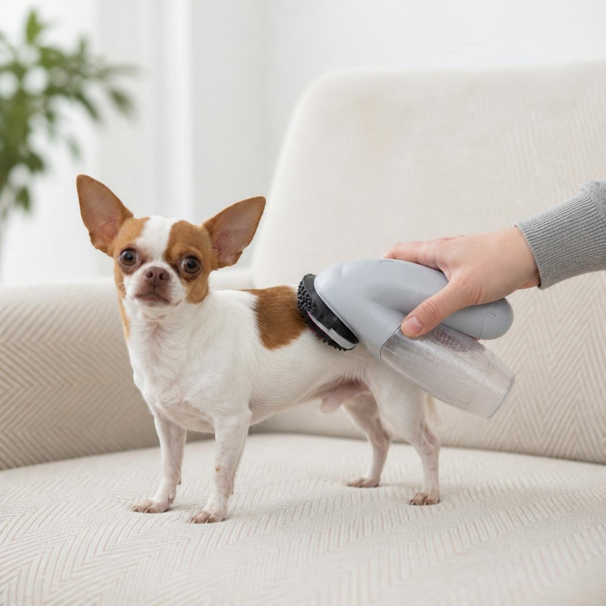 Paris, chihuahua, con el aspirador de pelitos (imagen creada con IA)