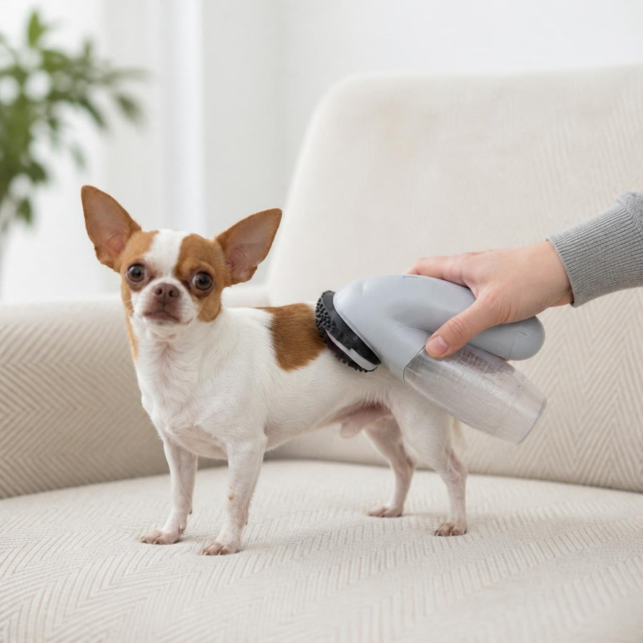 Paris, chihuahua, con el aspirador de pelitos (imagen creada con IA)