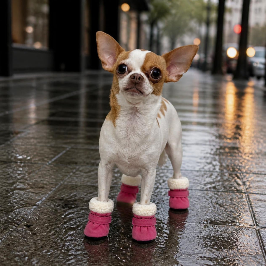 Paris, chihuahua, con las botas impermeables en rosa (imagen creada con IA)
