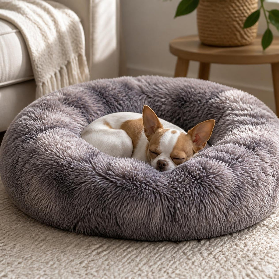 Paris, chihuahua, durmiendo en la cama donut (imagen creada con IA)