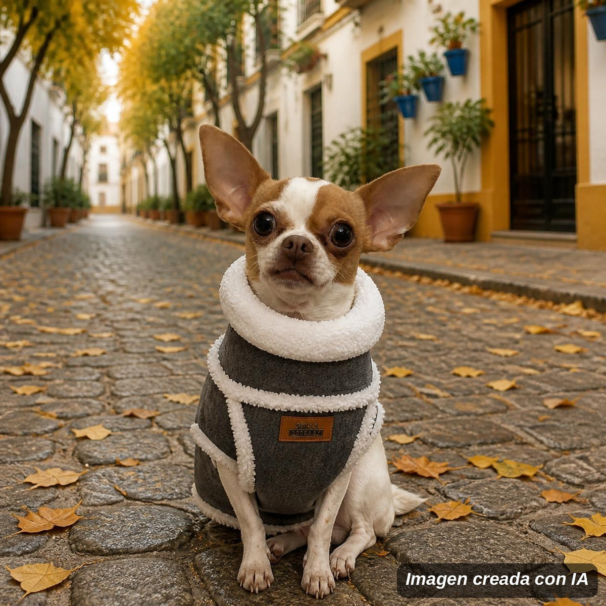 Paris, chihuahua, con la chaqueta de borreguito (imagen creada con IA)