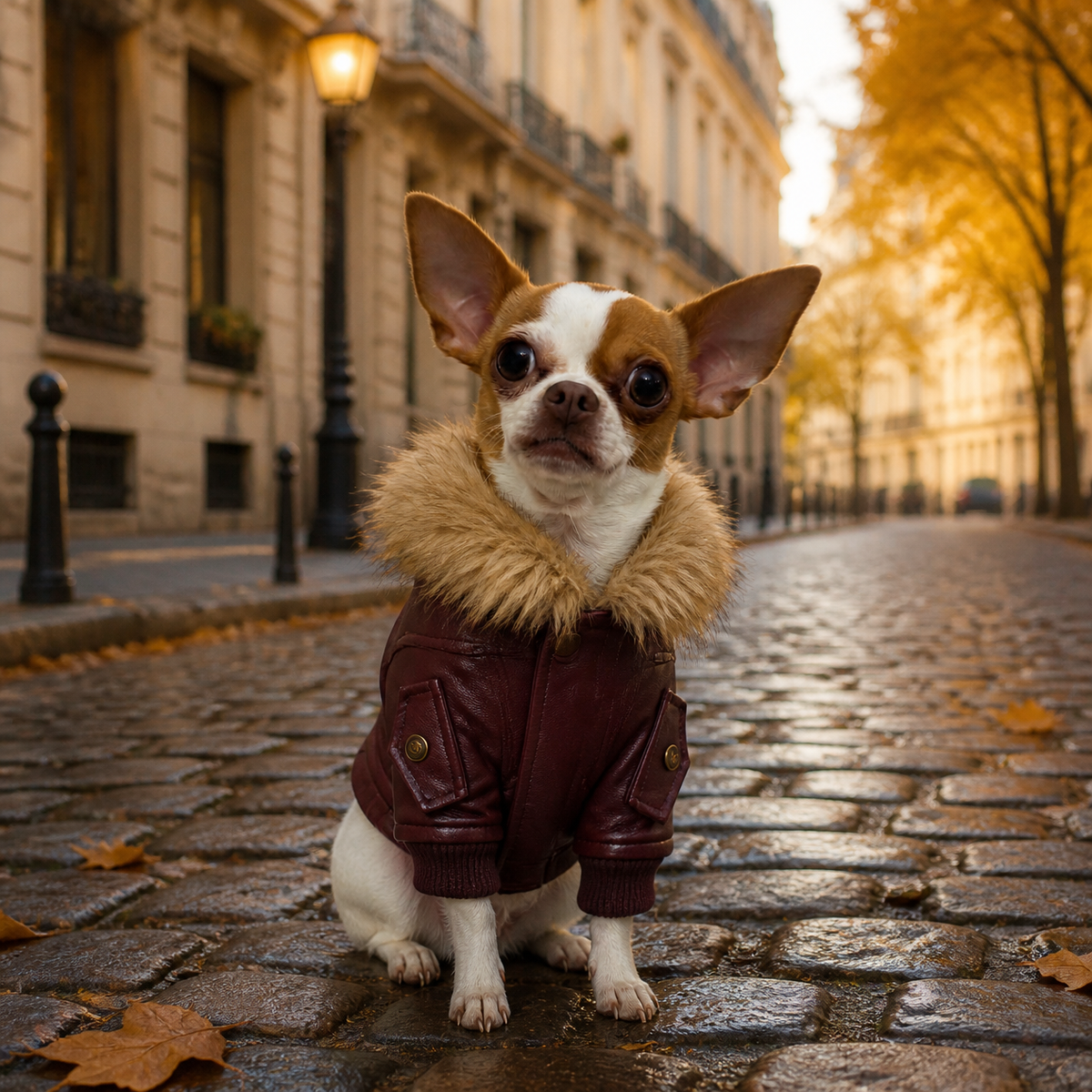 Paris con la chaqueta efecto piel con cuello de pelito (imagen creada con IA)