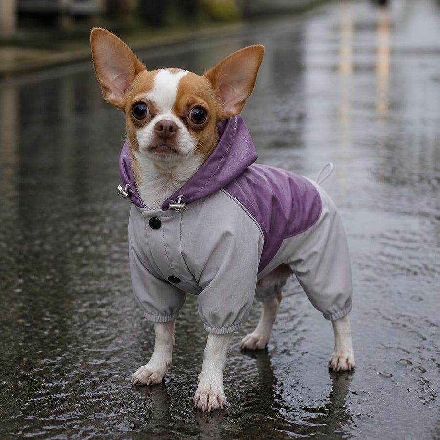 Paris, chihuahua, con el chubasquero (imagen creada con IA)
