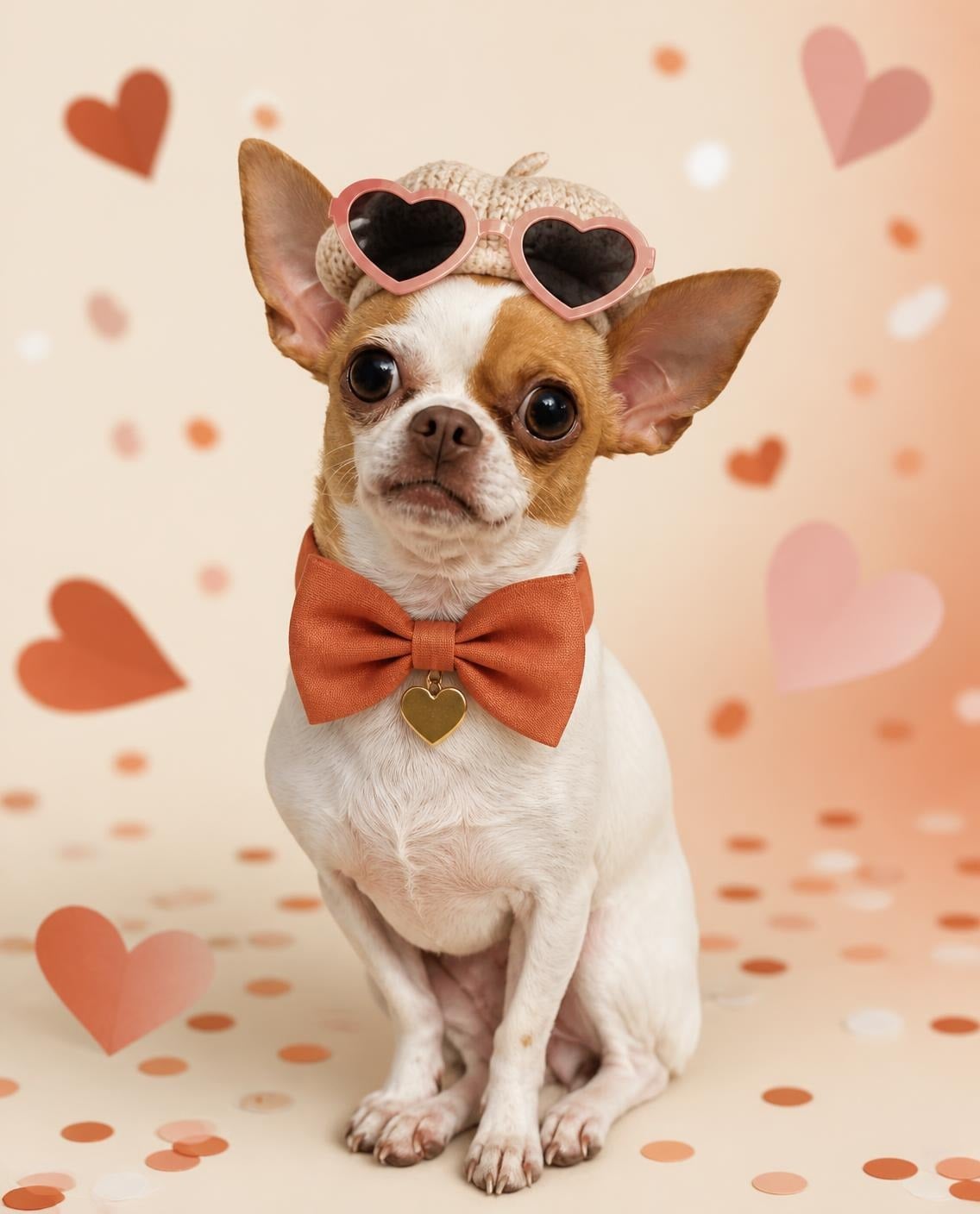 Paris, la chihuahua de Mimo & Huella, con pajarita terracota y gafas de corazón