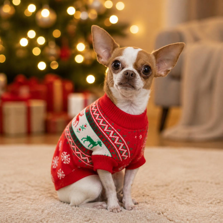 Paris, chihuahua, con el jersey navideño de reno (imagen creada con IA)