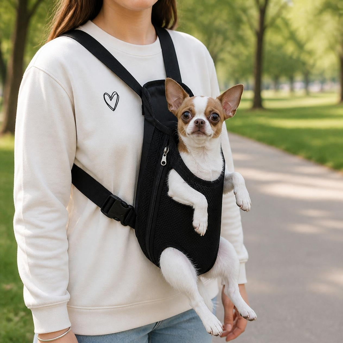 Paris, chihuahua, en la mochila portaperros (imagen creada con IA)