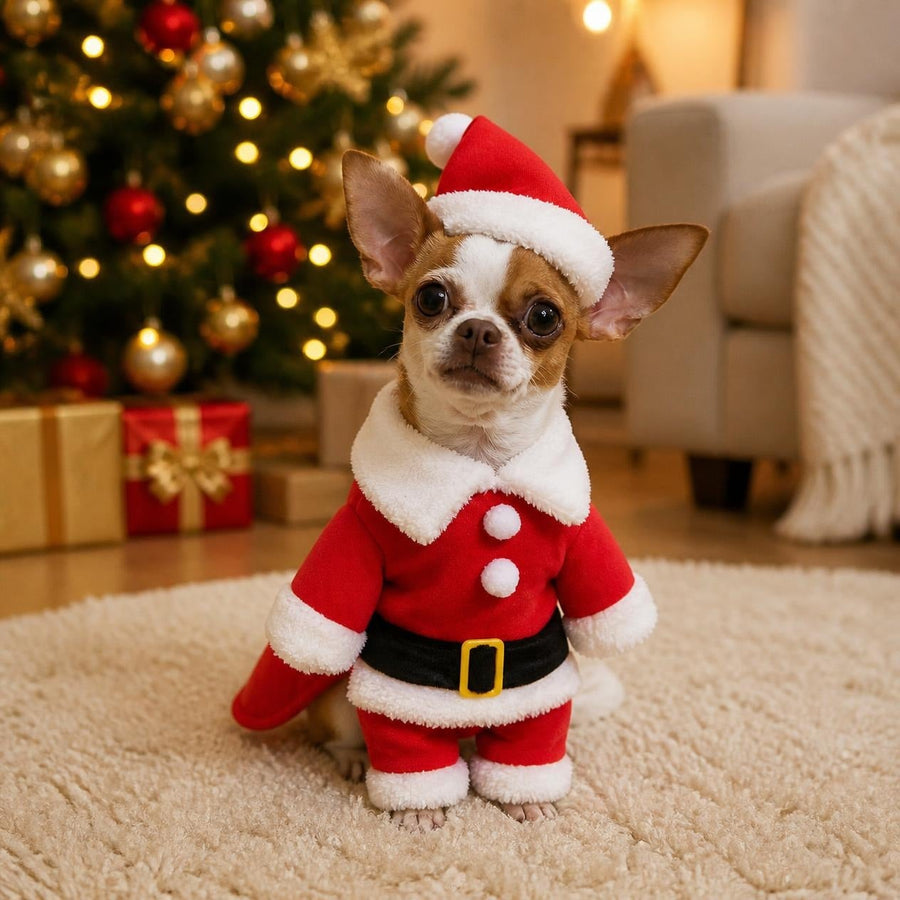 Paris, chihuahua, con el disfraz de Papá Noel y gorro (imagen creada con IA)