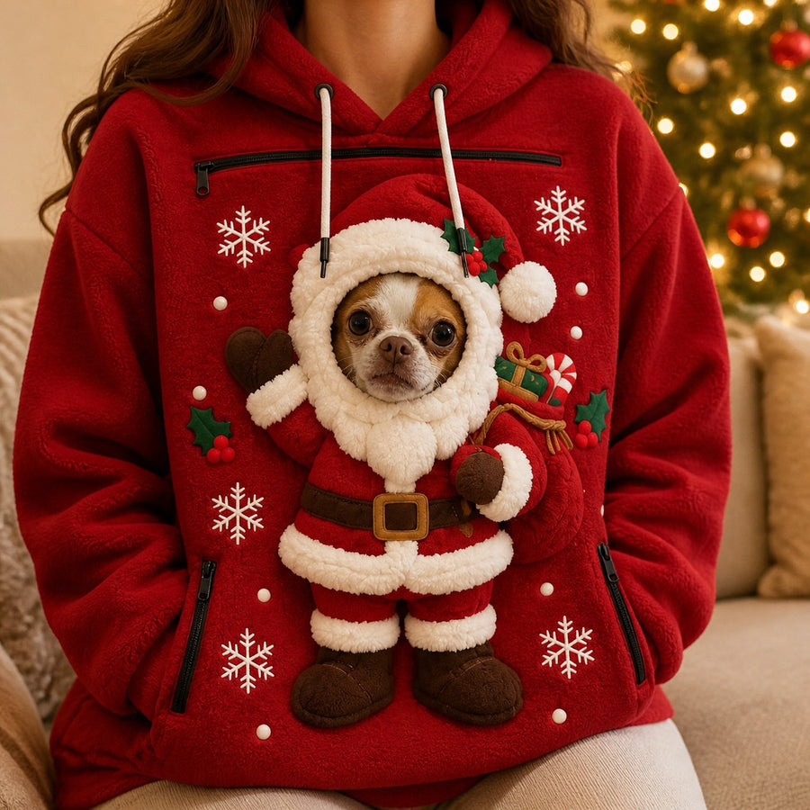 Paris, chihuahua, asomando por la sudadera navideña de Papá Noel (imagen creada con IA)